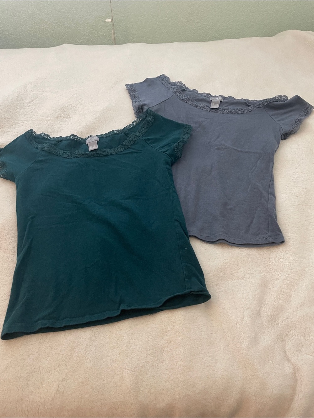 Tilly's Dark Green and Blue grey Lace-Trim Tees: size S